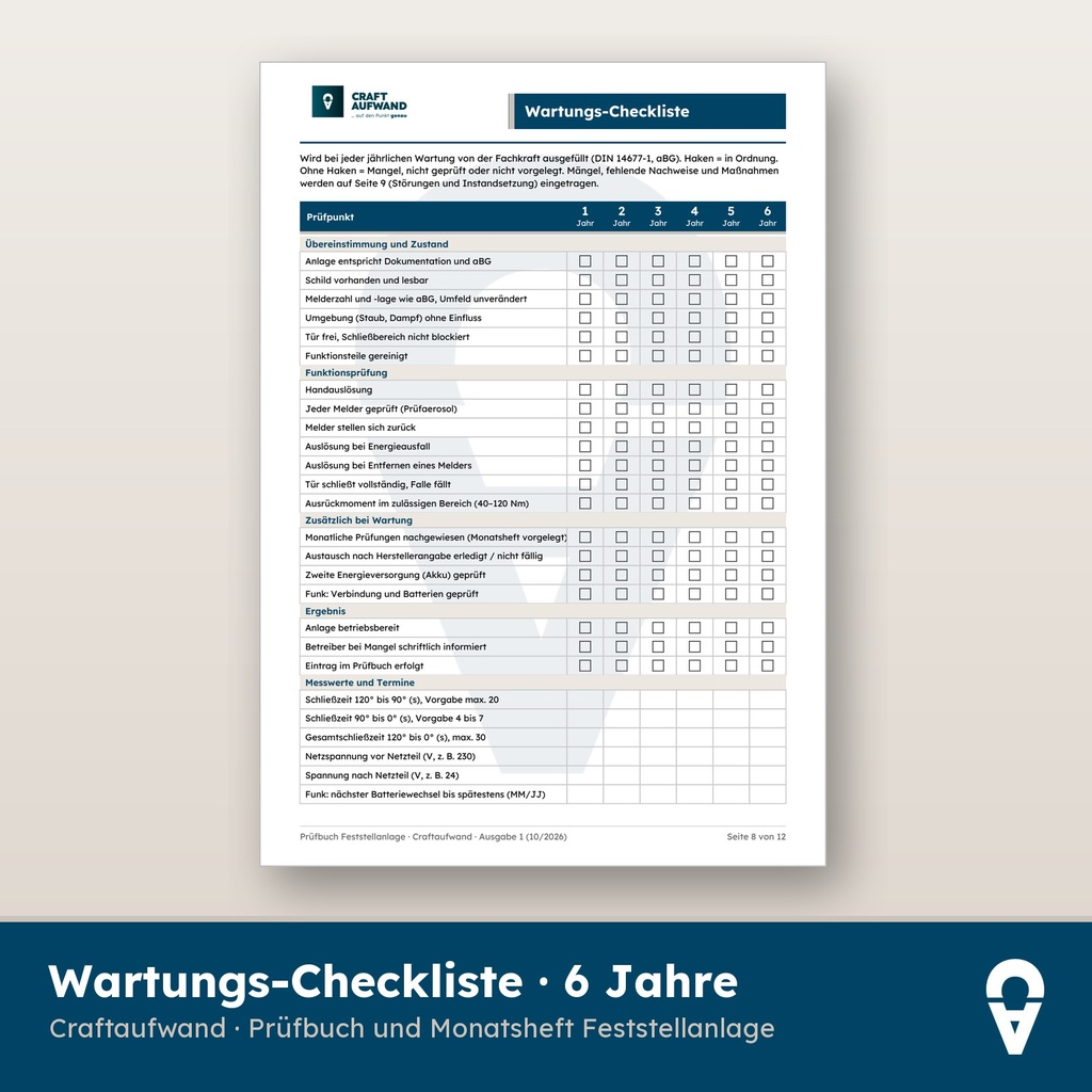Prüfbuch Seite Wartungs-Checkliste