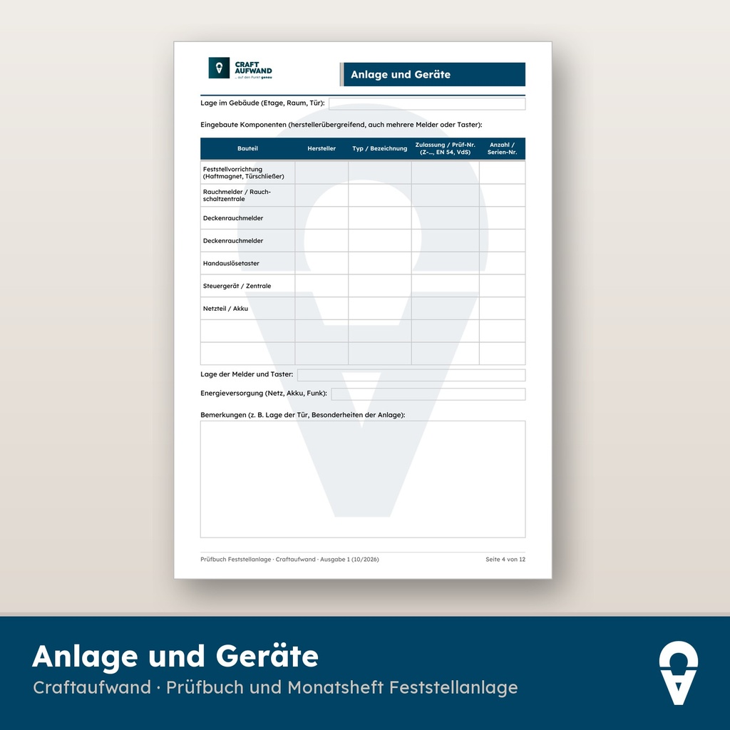 Prüfbuch Seite Anlage und Geräte