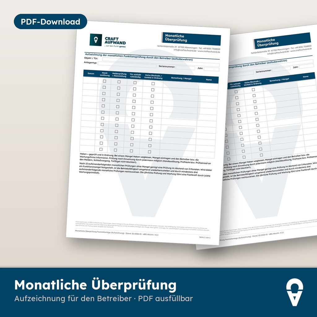 Monatliche Überprüfung Feststellanlage, Aufzeichnungsblatt (PDF)